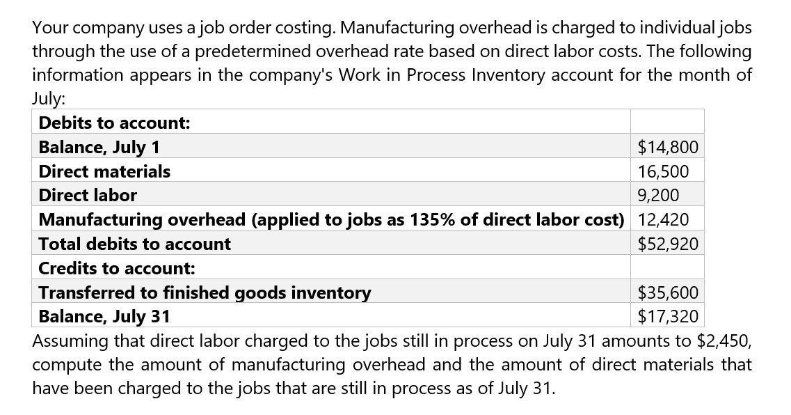 Provide answer Your company uses a job order