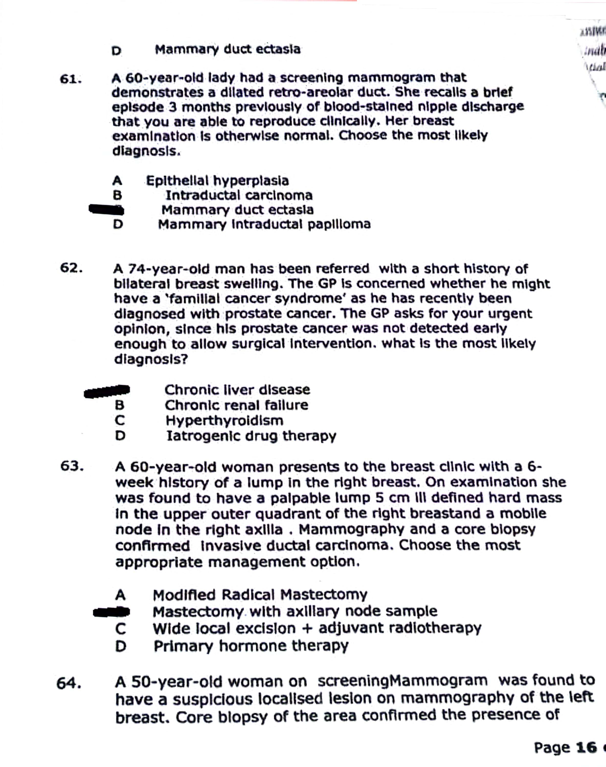 ans 61. 62. 63. ily D Mammary duct ectasia cnalb