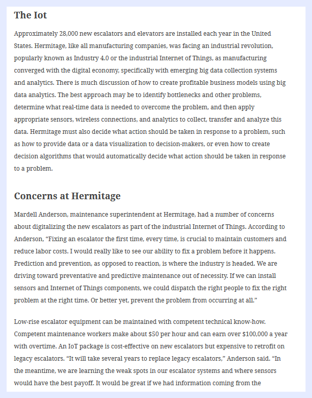 Case for Analysis is Hermitage Escalator company
