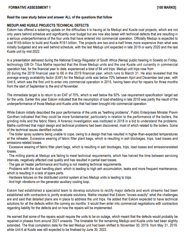 FORMATIVE ASSESSMENT 1 [100 MARKS] Read the case