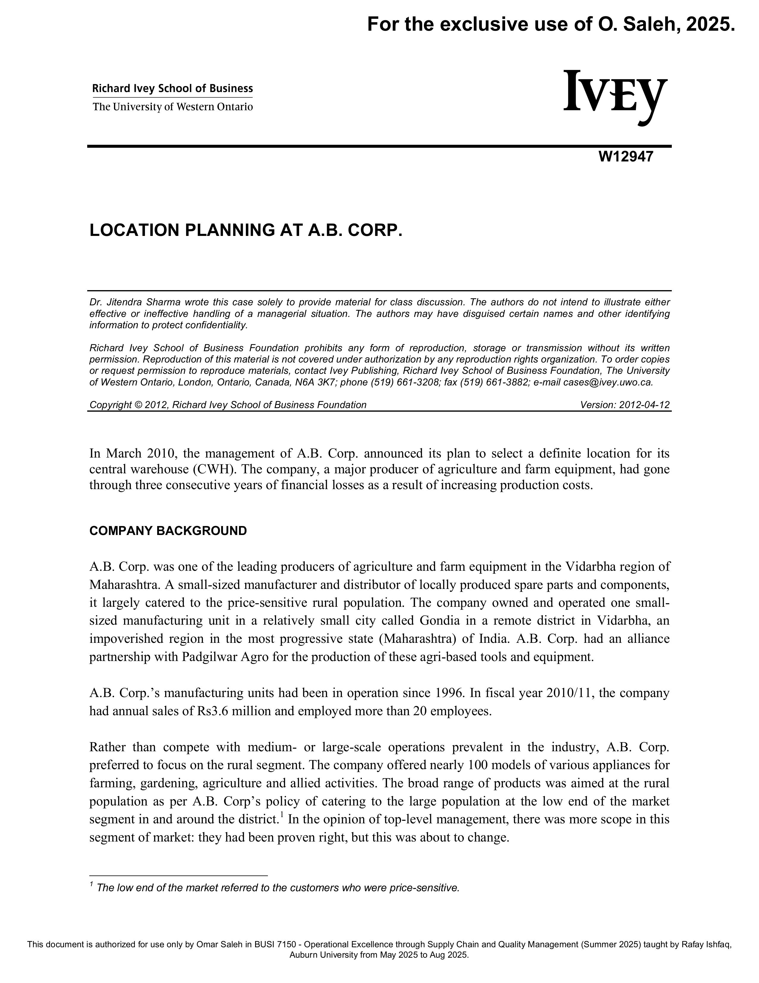 Case Synopsis: Your mission is to help A.B. Corp.