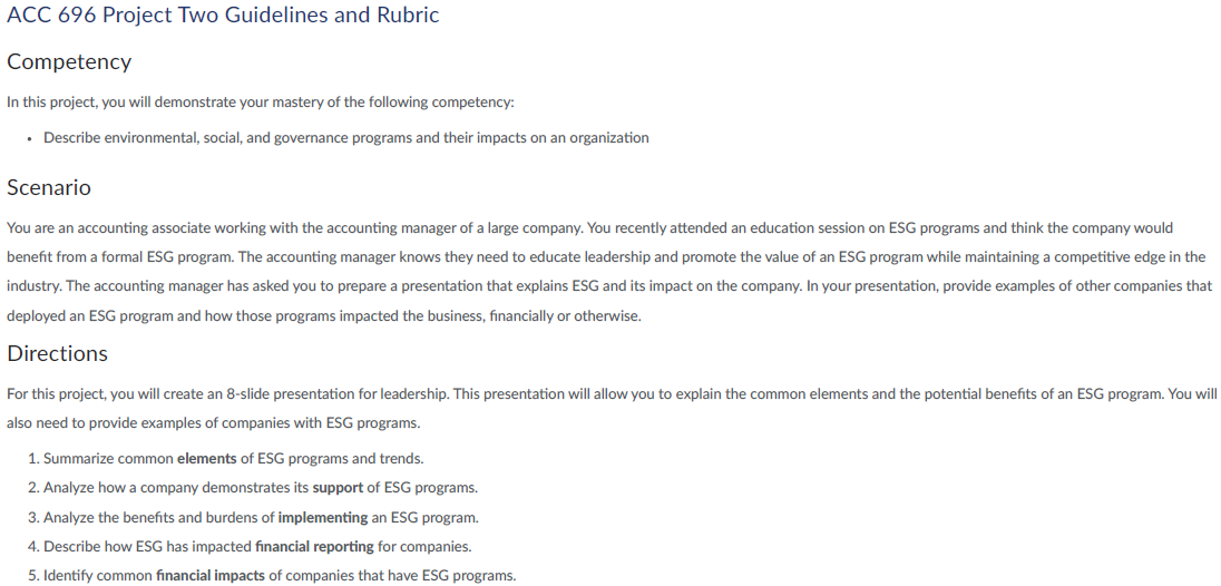 ACC 696 Project Two Guidelines and Rubric