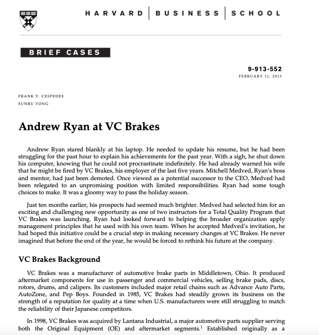 Case Analysis on Andrew Ryan at VC Brakes Problem