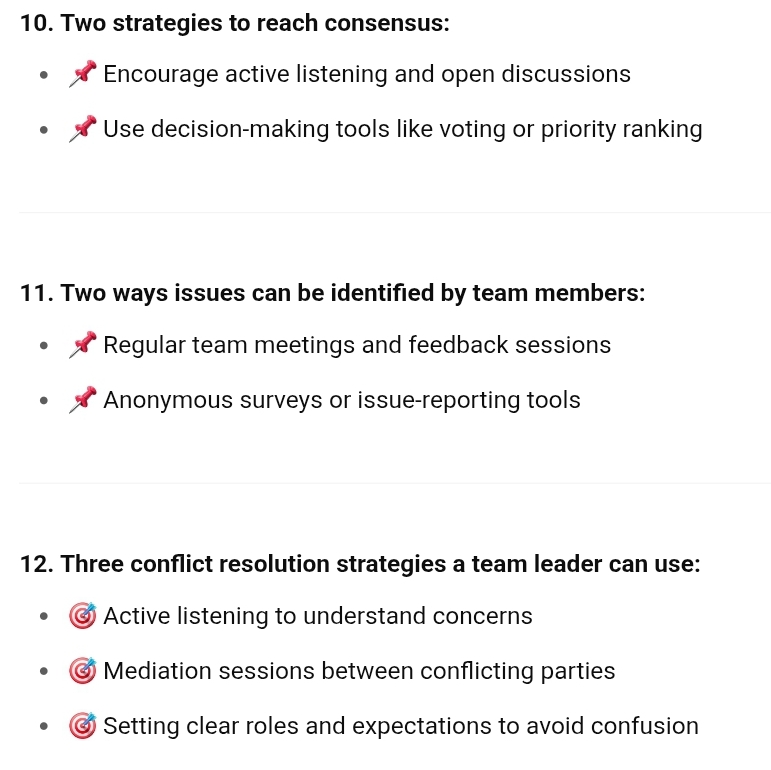 Manage team effectiveness Questions Provide