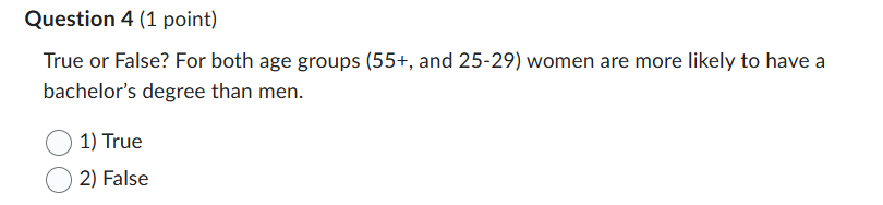 Question 4 (1 point) True or False? For both age