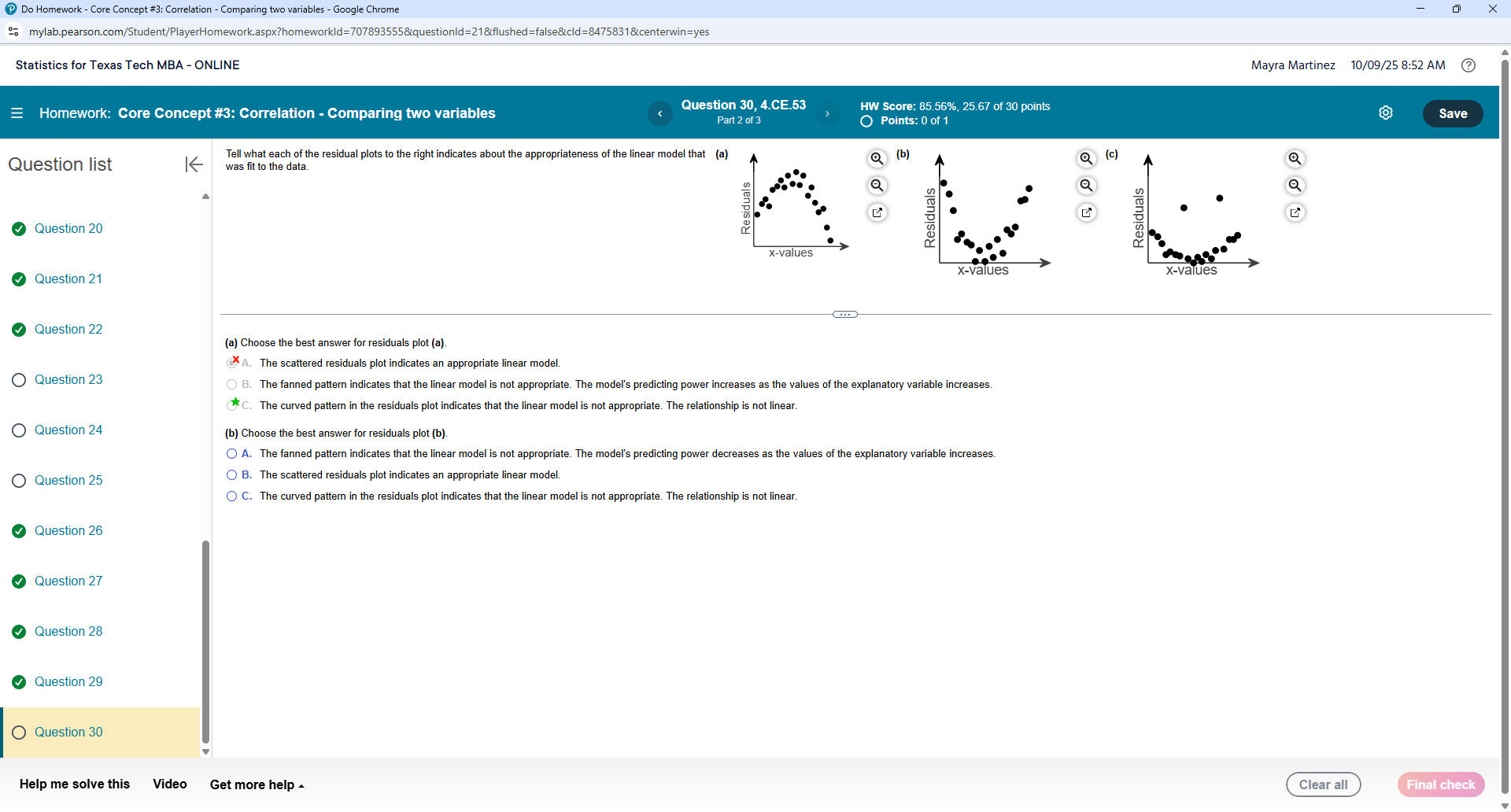 ?(b) Choose the best answer for residuals plot