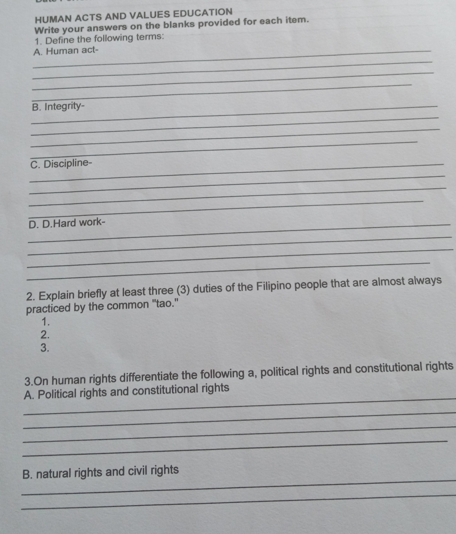 Answers this HUMAN ACTS AND VALUES EDUCATION