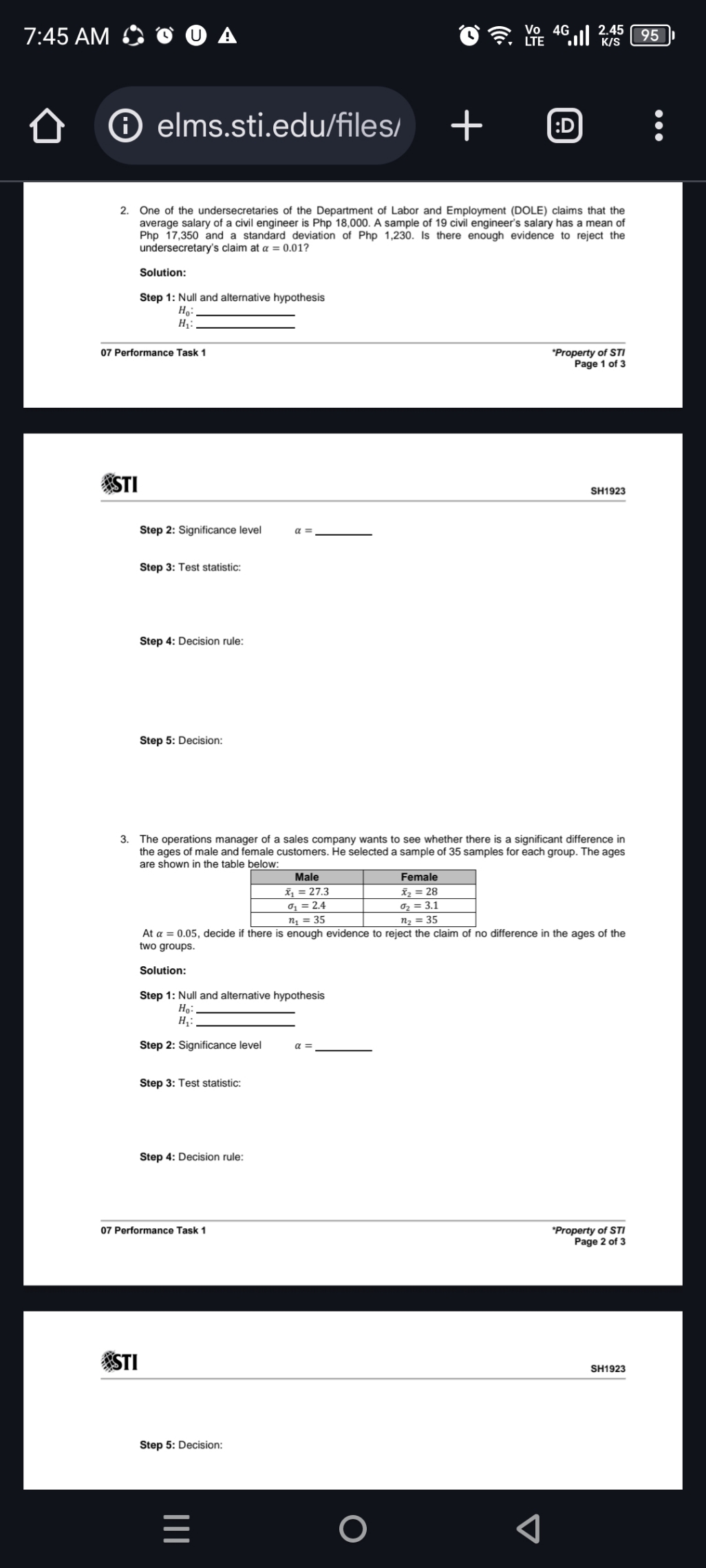 Hypothesis Testing Problems 7:45 AM CO U A Vo 4G.