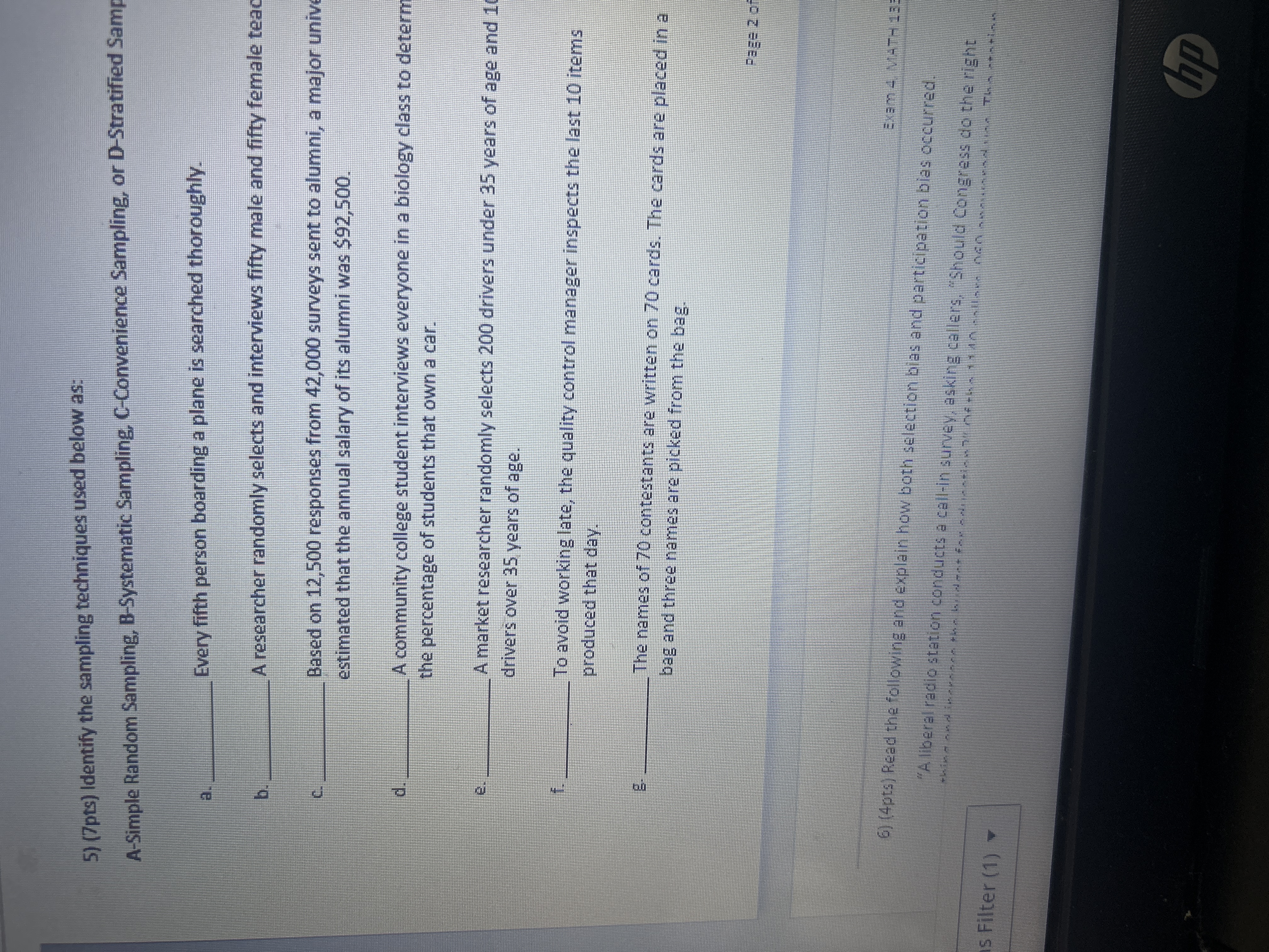 Please d, e, f, g 5) (7pts) Identify the sampling