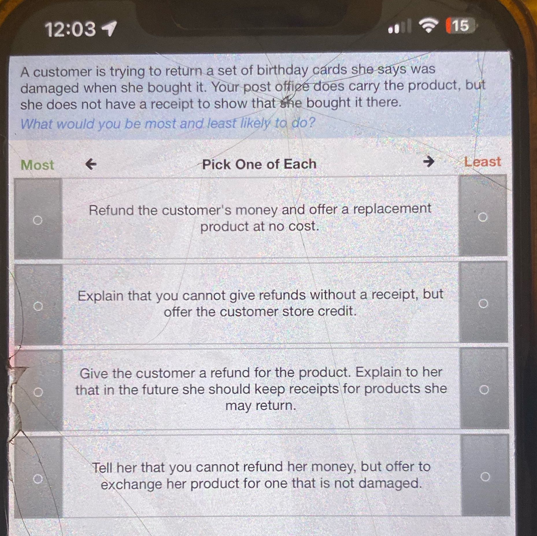 Please help me pick most to least likely 12:031