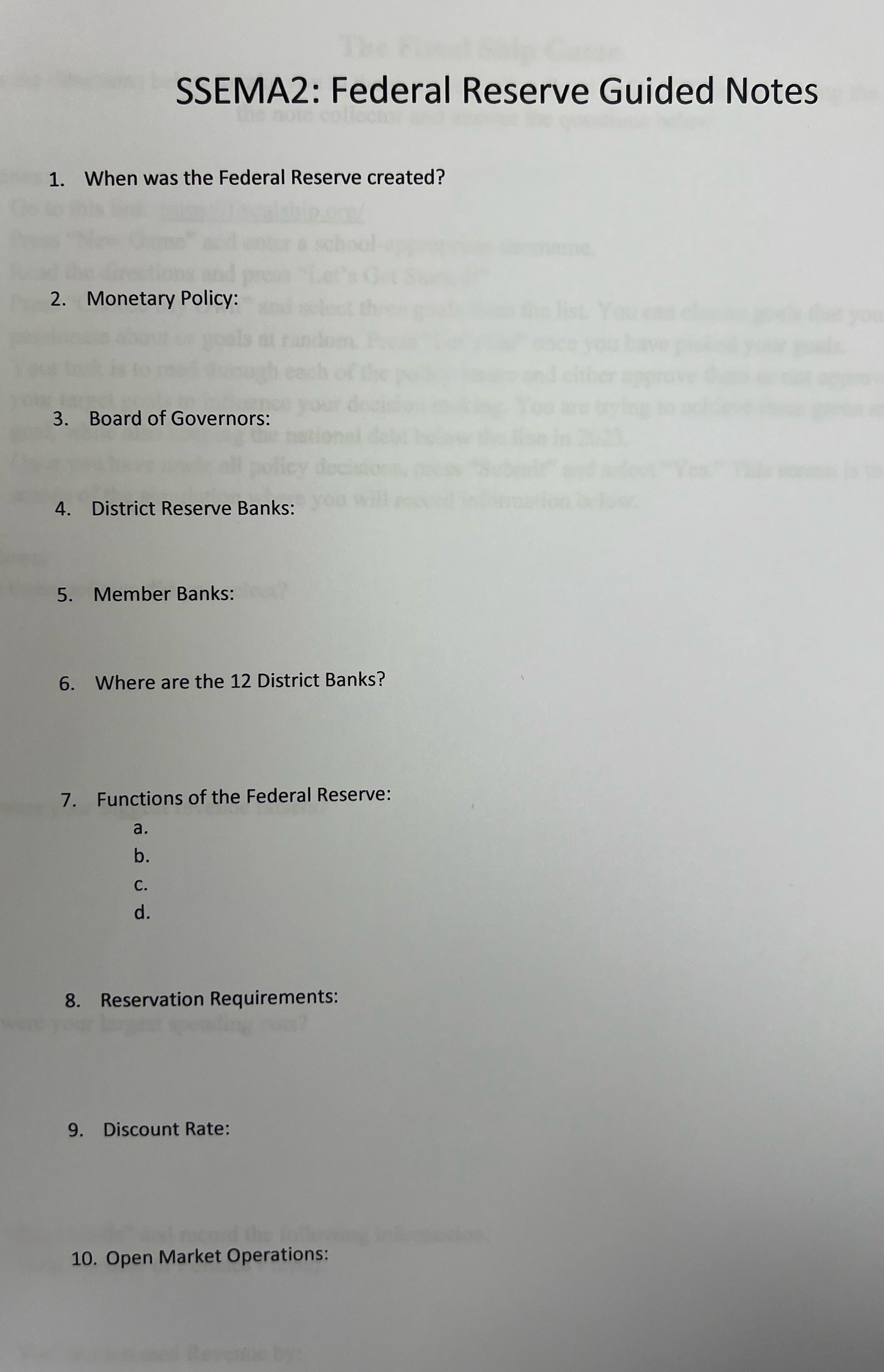 SSEMA2: Federal Reserve Guided Notes 1. When was