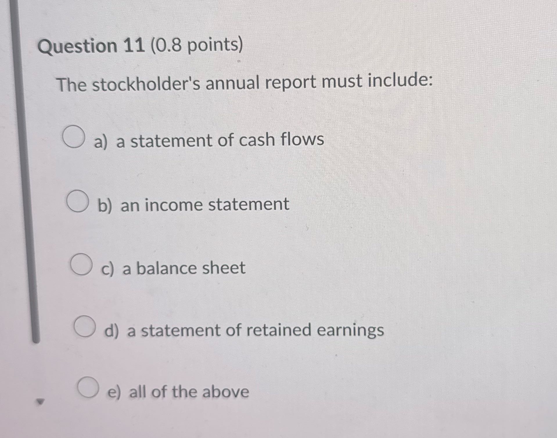 ? Question 11 (0.8 points) The stockholder's