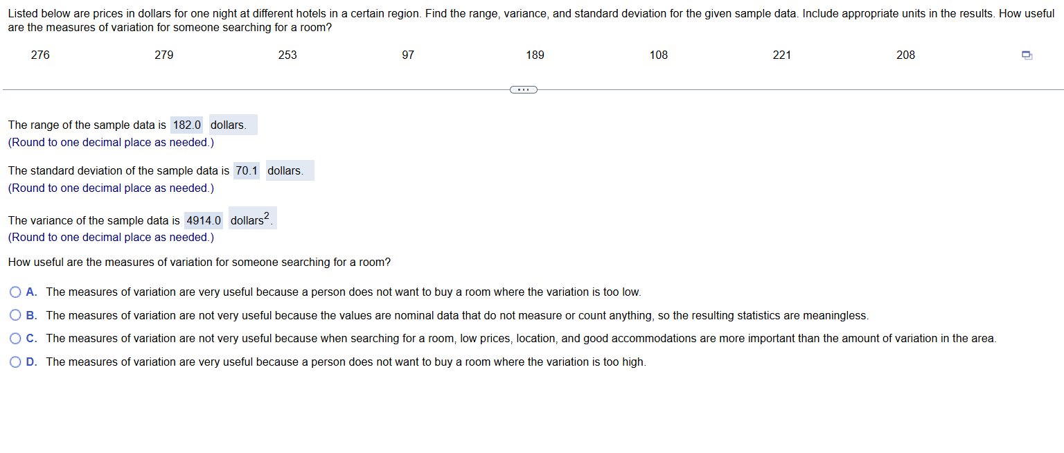 Listed below are prices in dollars for one night