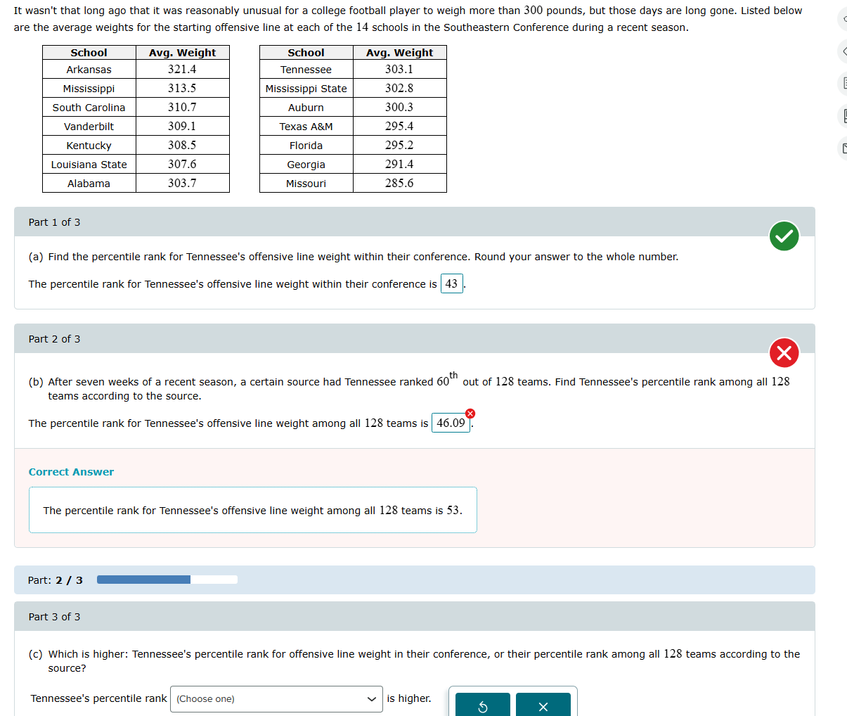 (c)Which is higher: Tennessee's percentile rank