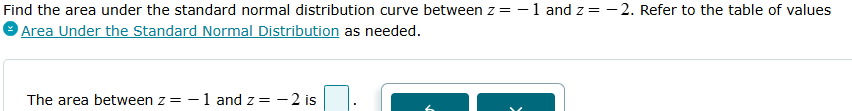 The area between z=-1 and z=-2 is . Find the area