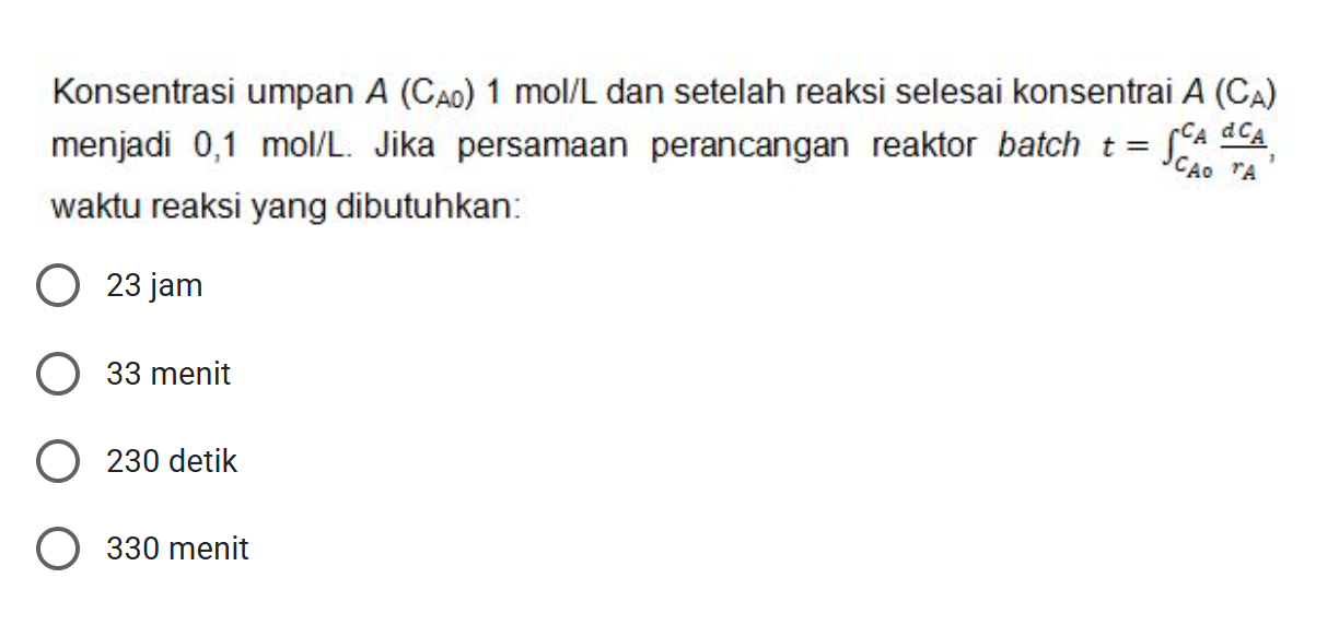 hasilnya Konsentrasi umpan A (CAO) 1 mol/L dan