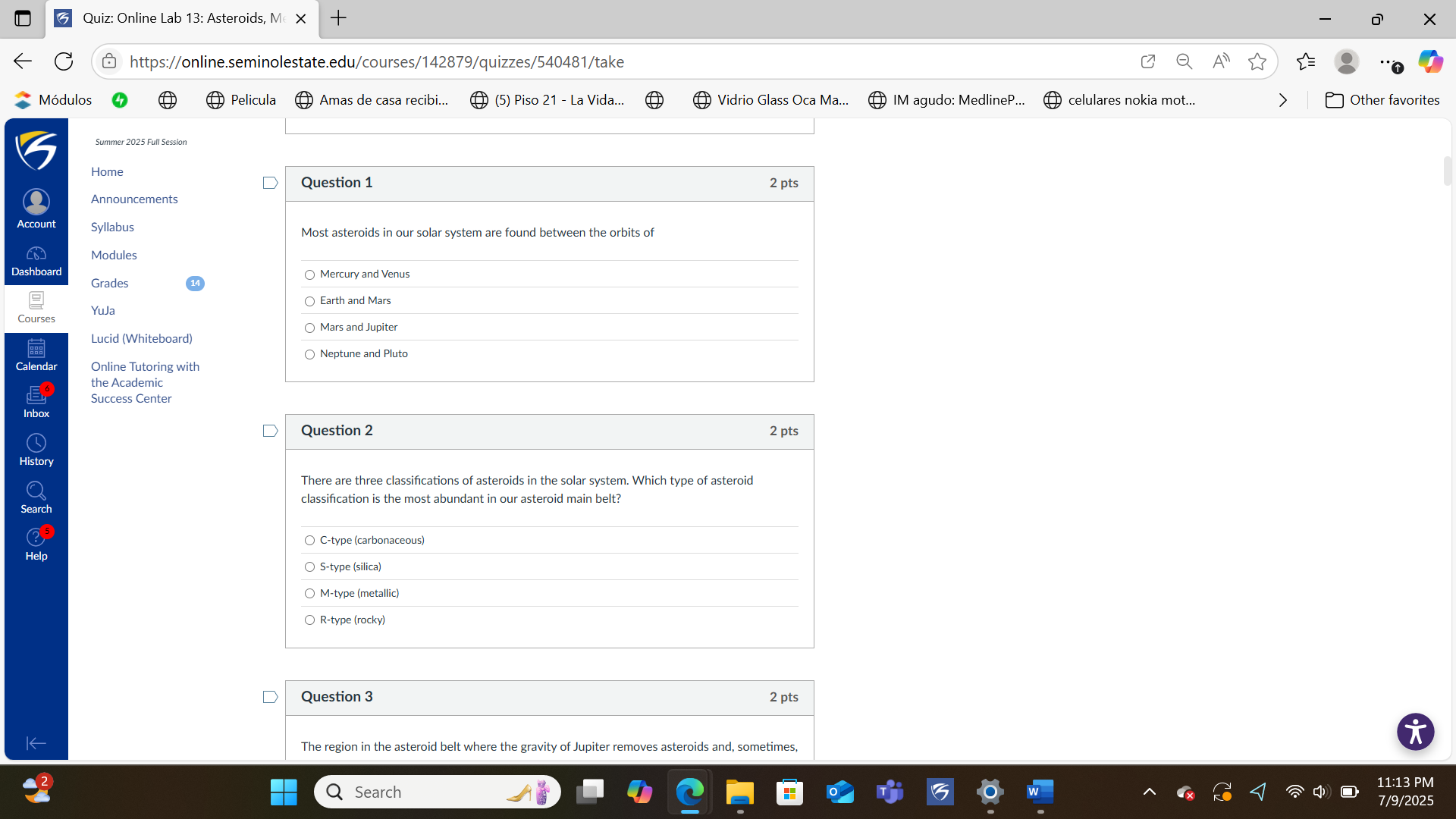 S 3 Quiz: Online Lab 13: Asteroids, Mc X + X C