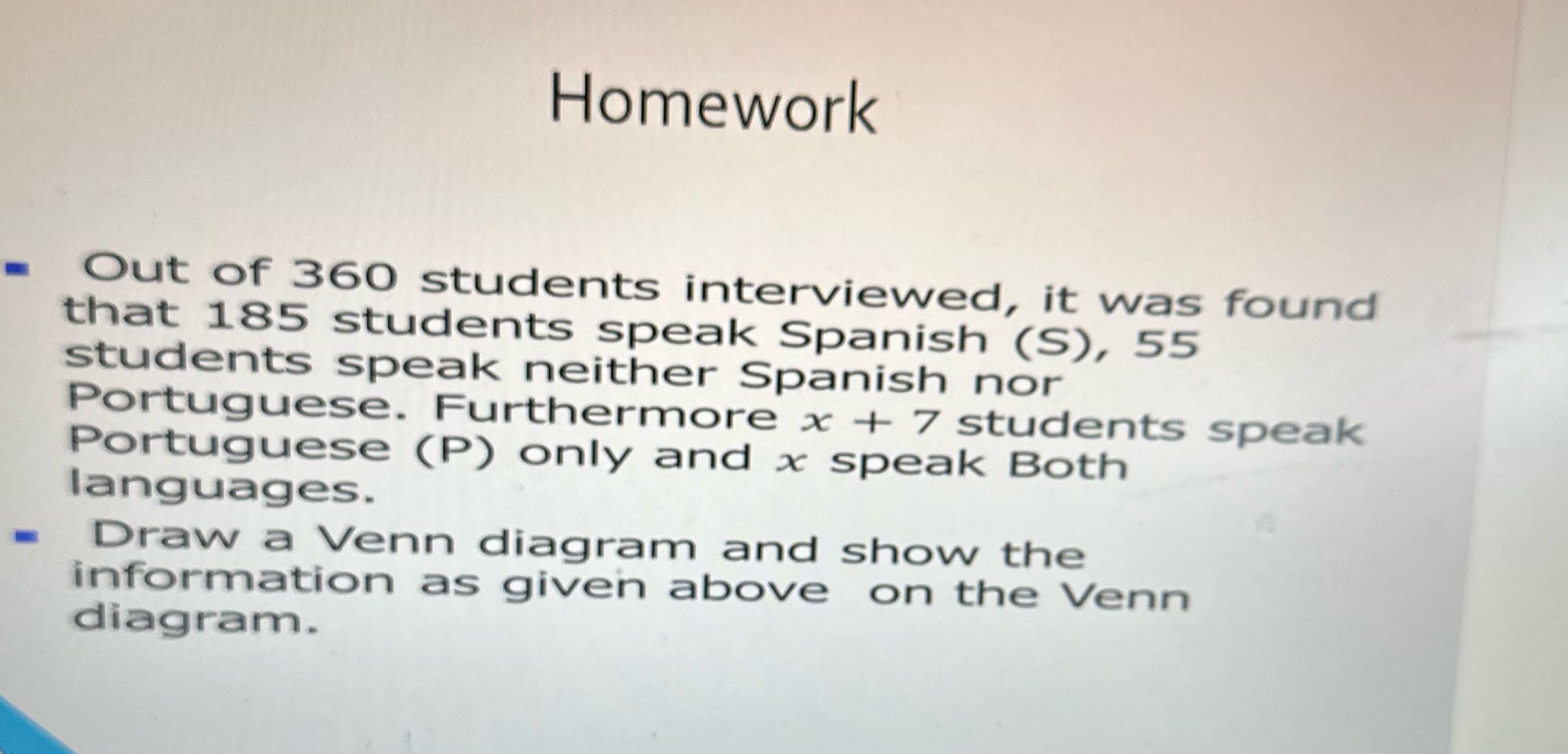 Solve x Find the number of students who speak