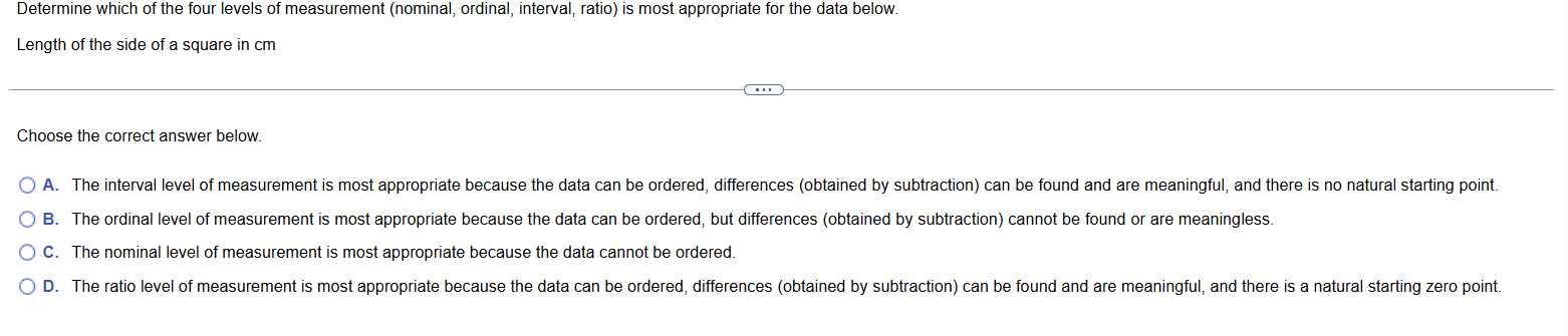Determine which of the four levels of measurement