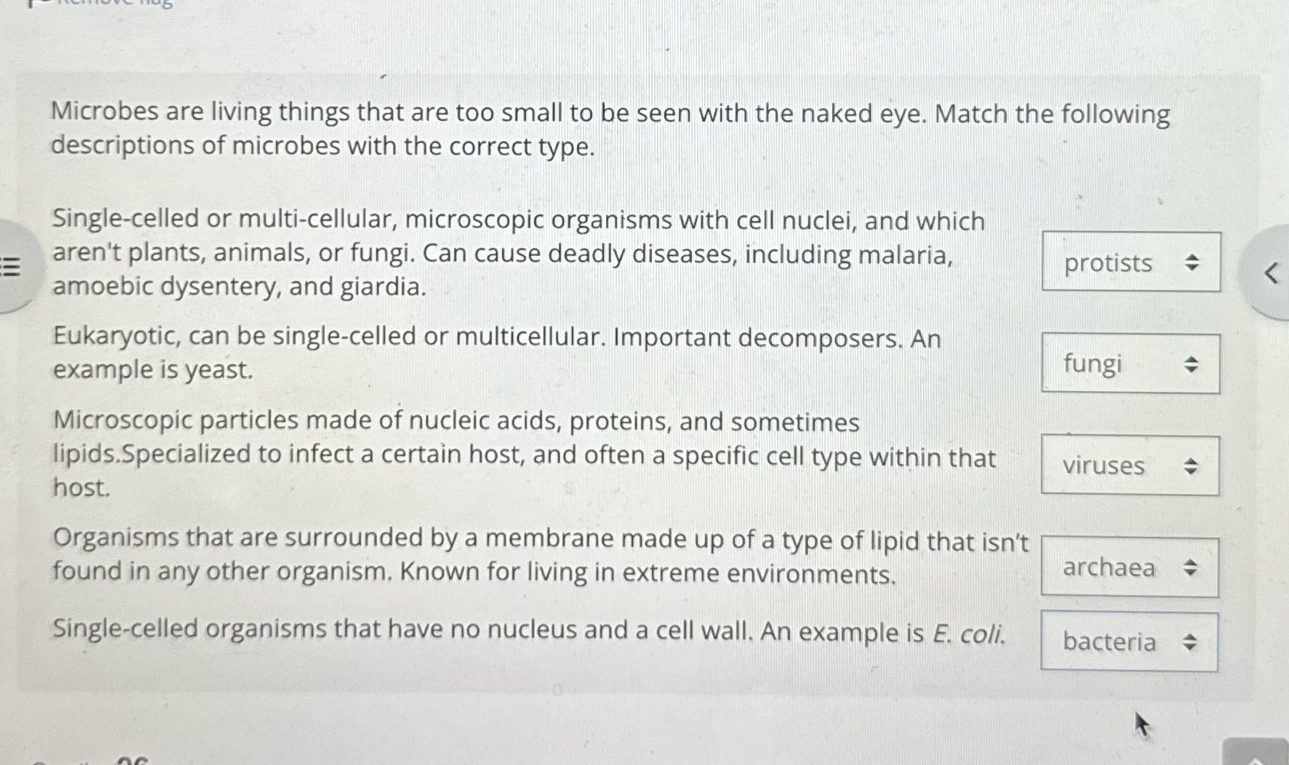 are my answers correct Tee eg Microbes are living