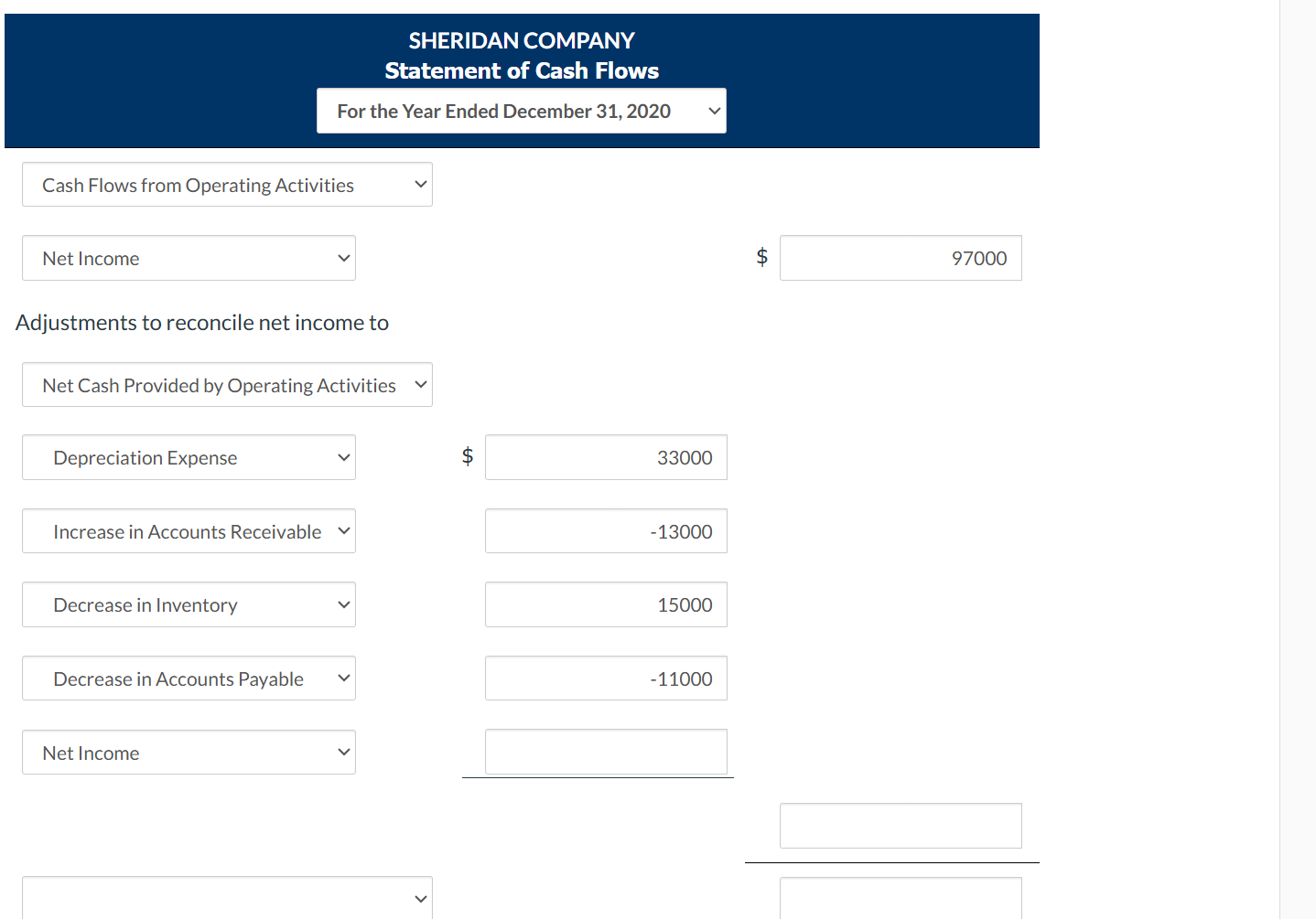 solve SHERIDAN COMPANY Statement of Cash Flows