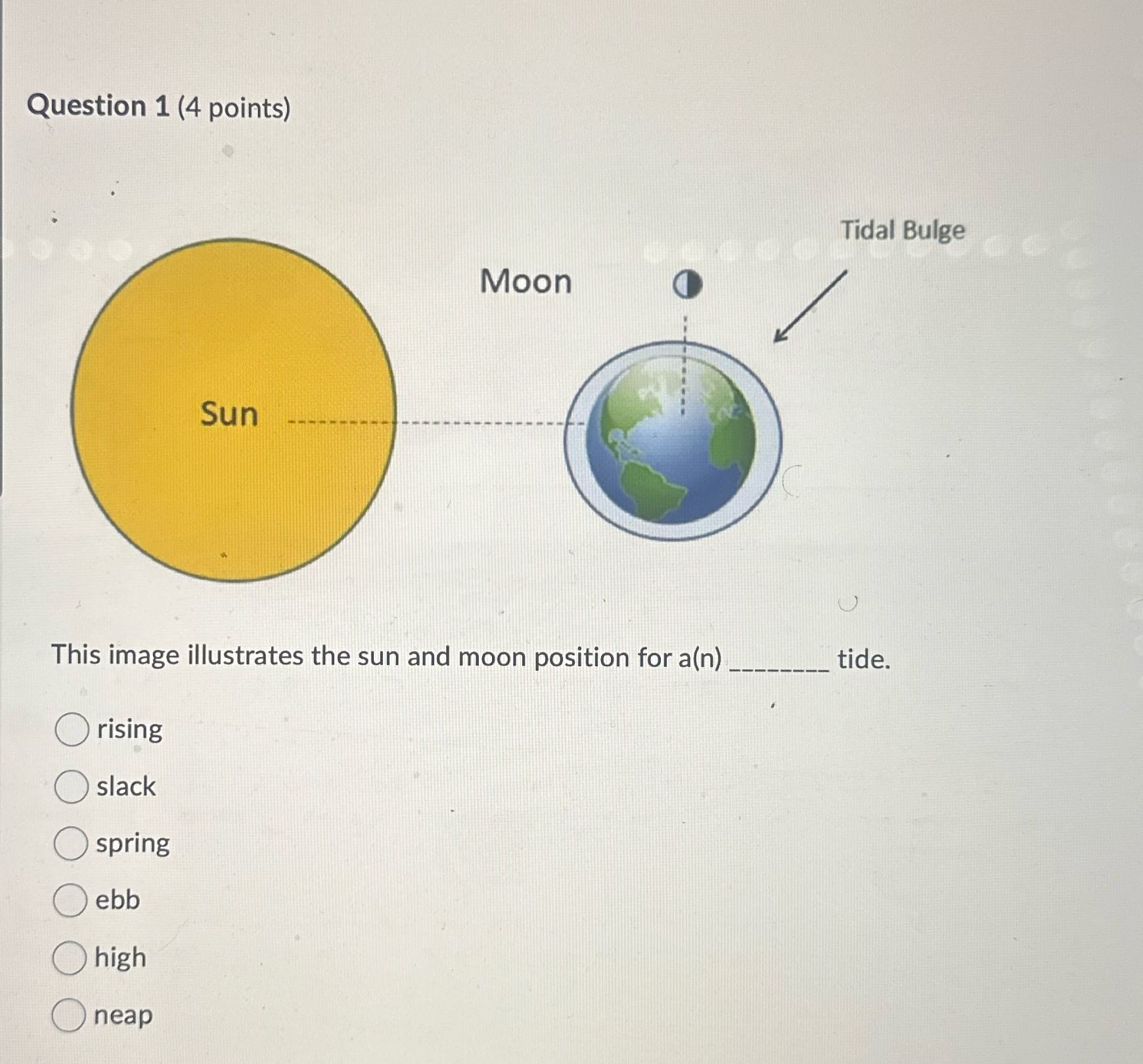 What's the answer Question 1 (4 points) Tidal