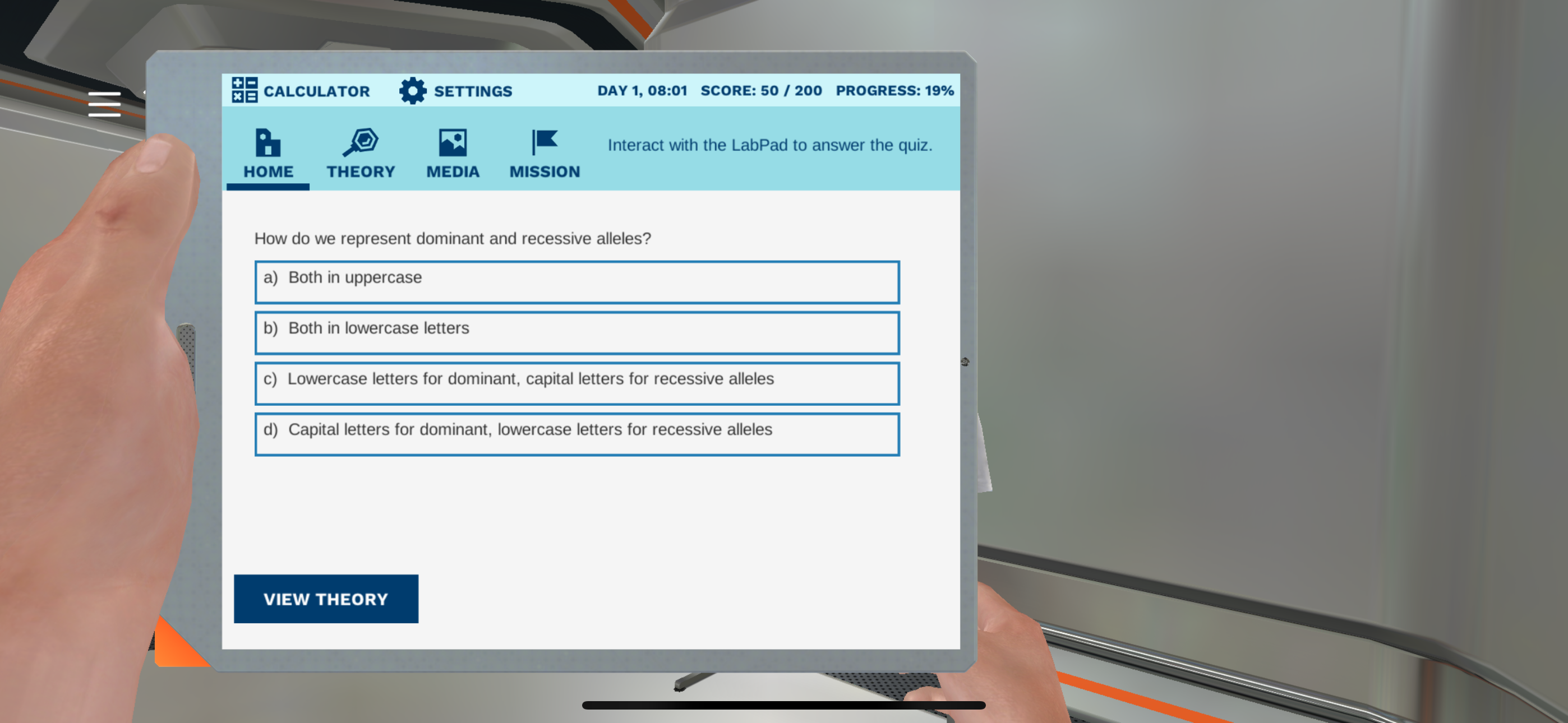 A,b,c, or d BE CALCULATOR o SETTINGS DAY 1, 08:01