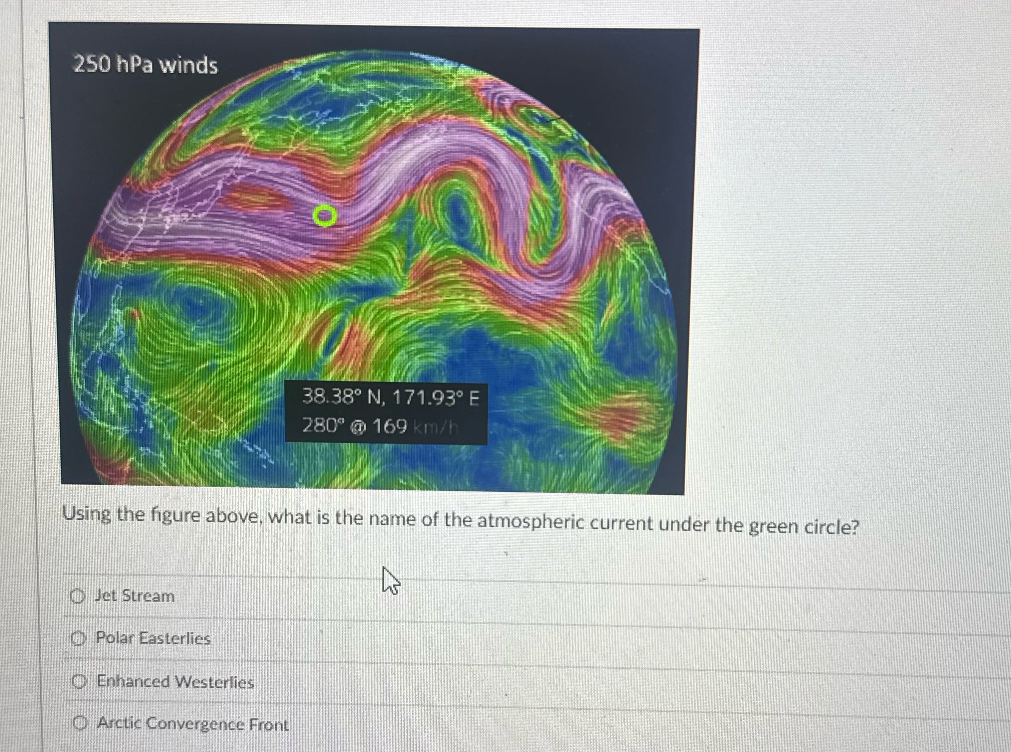 250 hPa winds 38.380 N, 171.930 E 280" @ 169 km/h