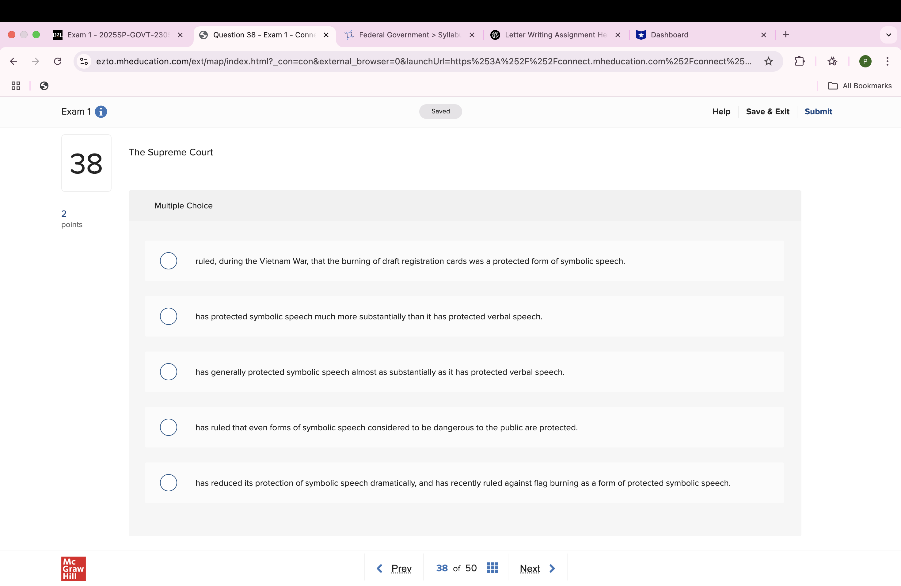 solve this @ Exam 1- 2025SP-GOVT-230 x @ Question