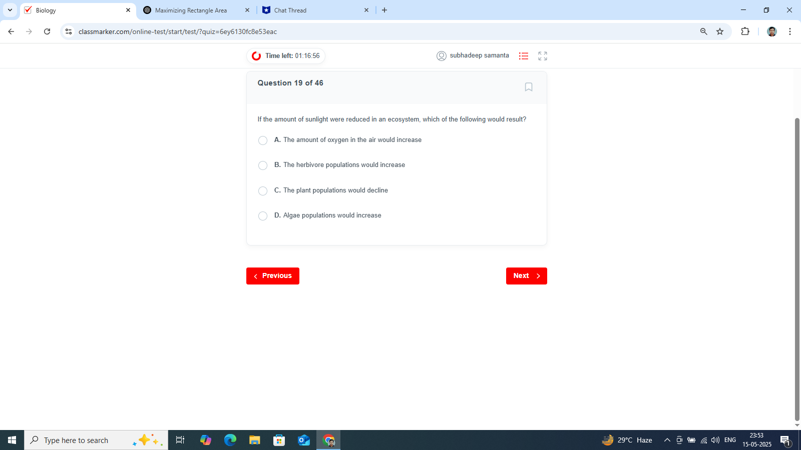 Biology X Maximizing Rectangle Area * *Chat