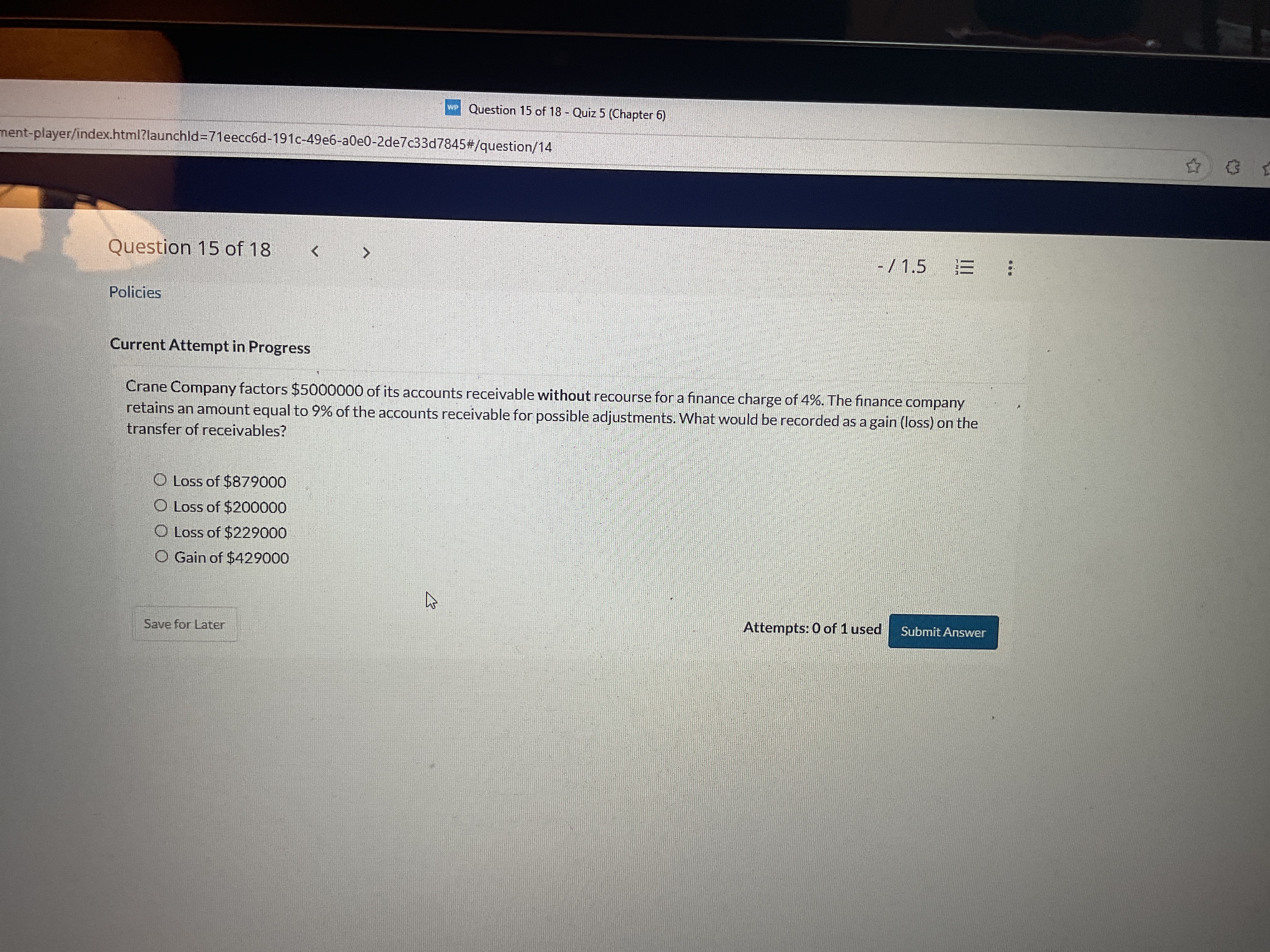 Solve w Question 15 of 18 - Quiz 5 (Chapter 6)