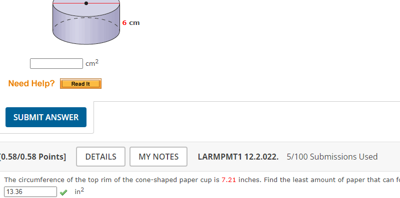solve 6 cm cm2 Need Help? Read It SUBMIT ANSWER