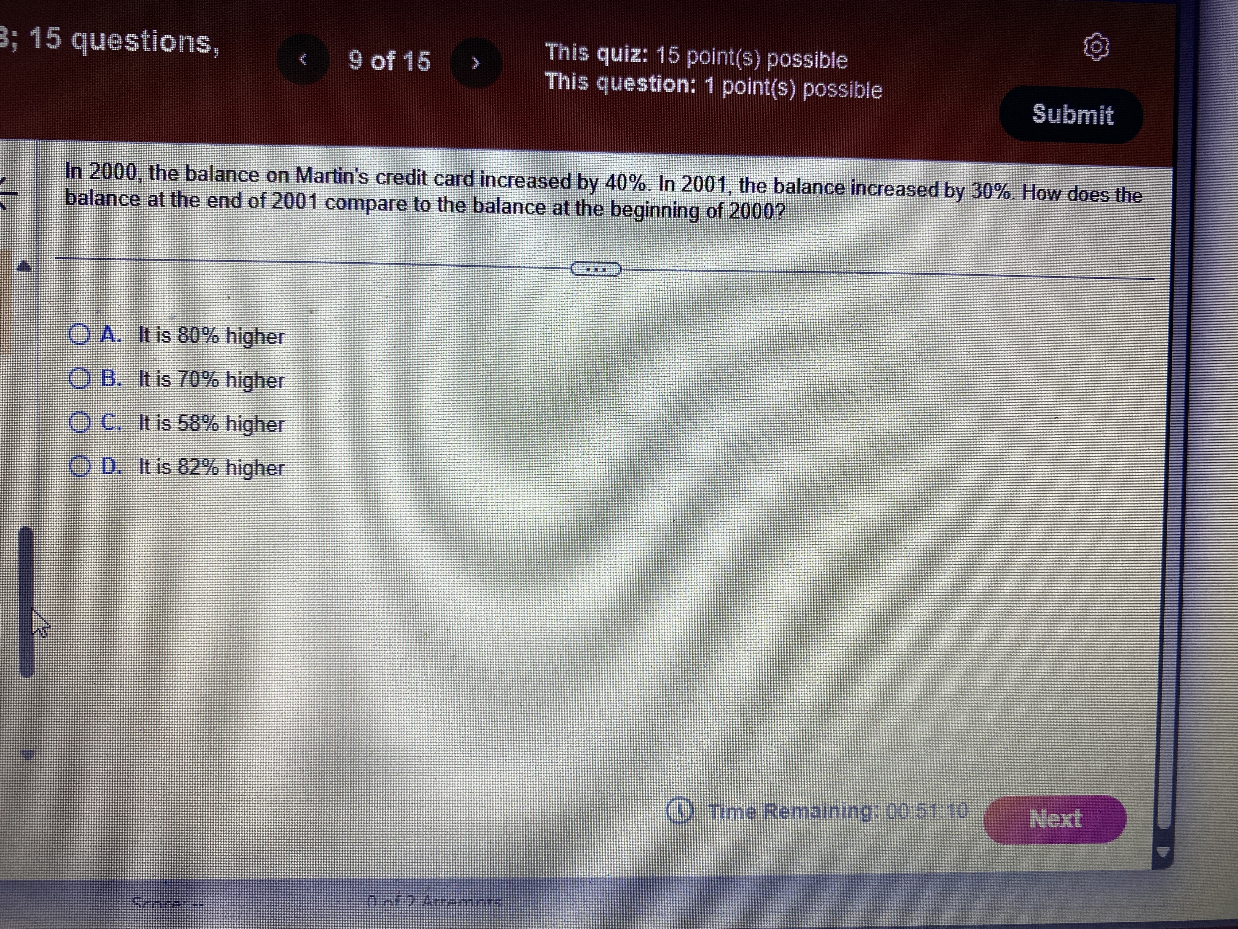 Math O 15 questions, 9 of 15 This quiz: 15