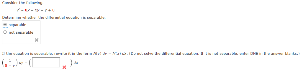 find Consider the following. y' = 8x - xy - y + 8