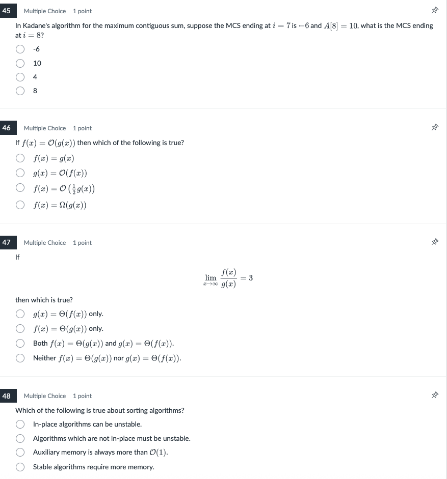 solve 45 Multiple Choice 1 point In Kadane's