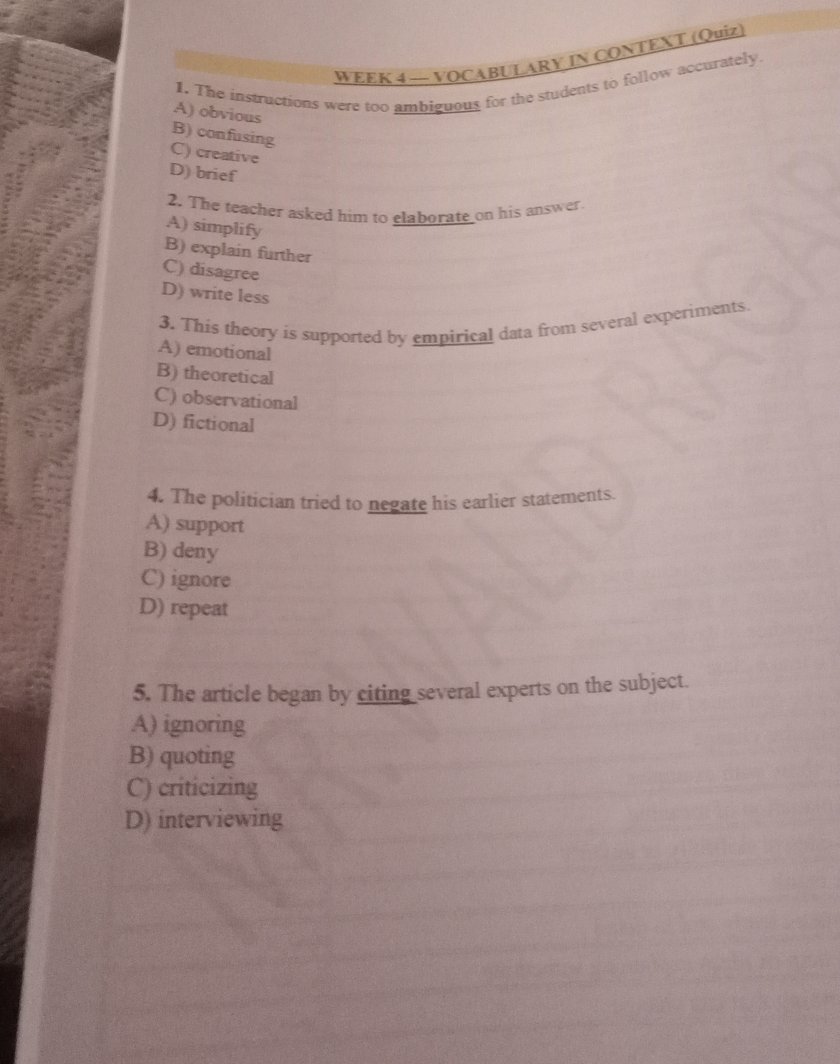 Solve WEEK 4- VOCABULARY IN CONTEXT (Quiz) 1. The