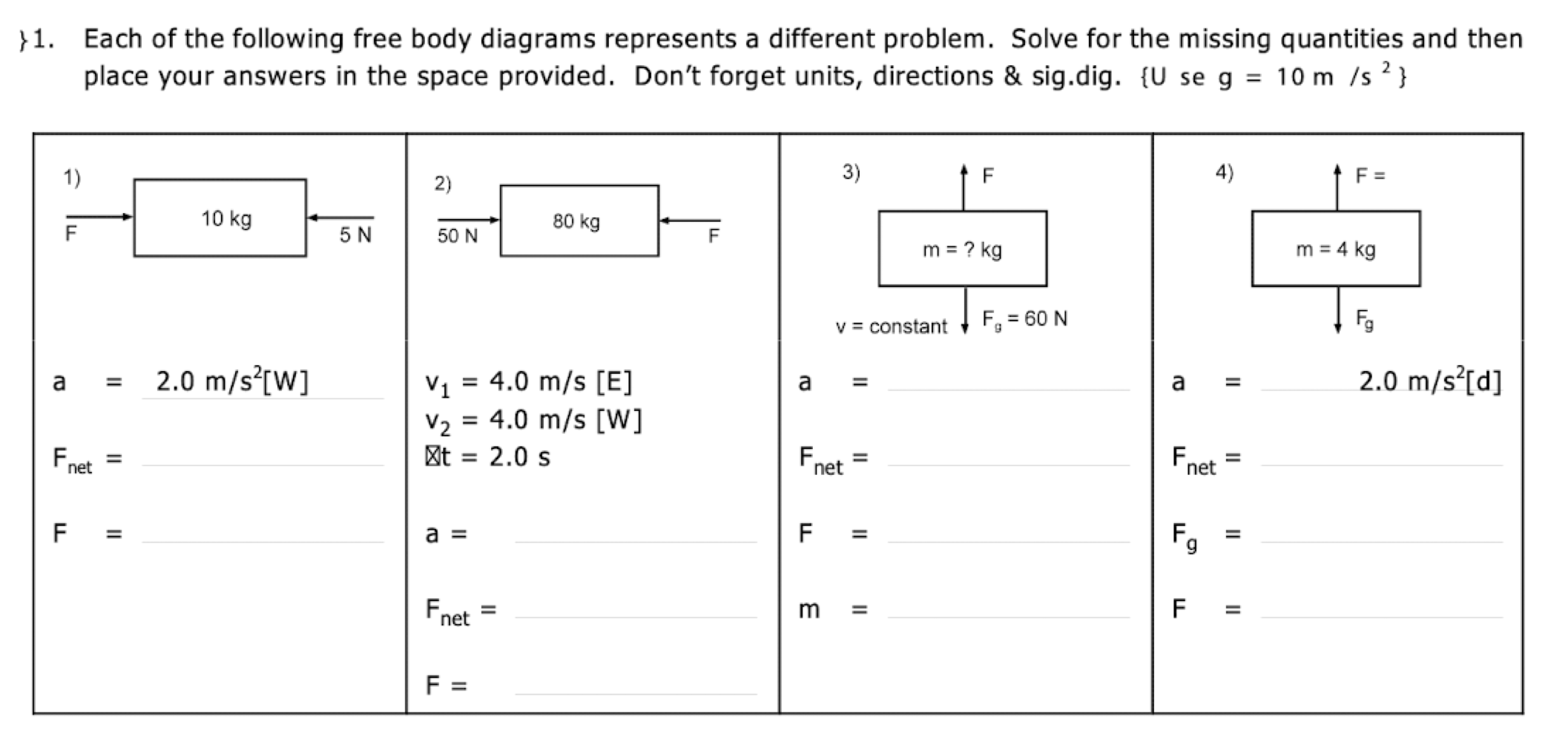 4 }1. Each of the following free body diagrams