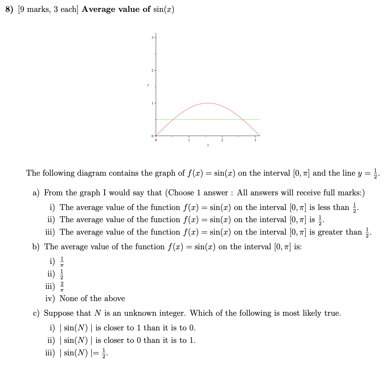 8) [9 marks, 3 each] Average value of sin(zx) The