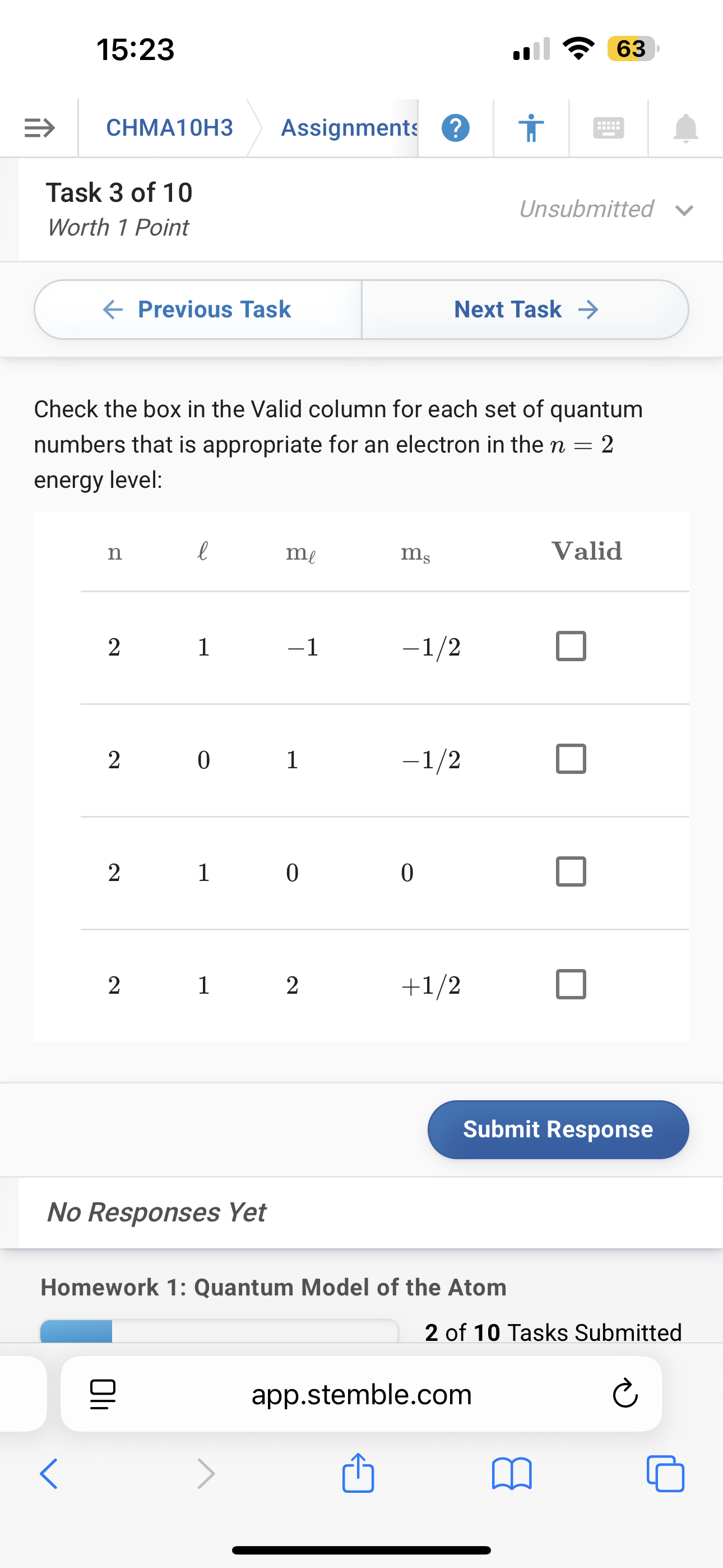 Solve 15:23 63 CHMA10H3 Assignments ? Task 3 of