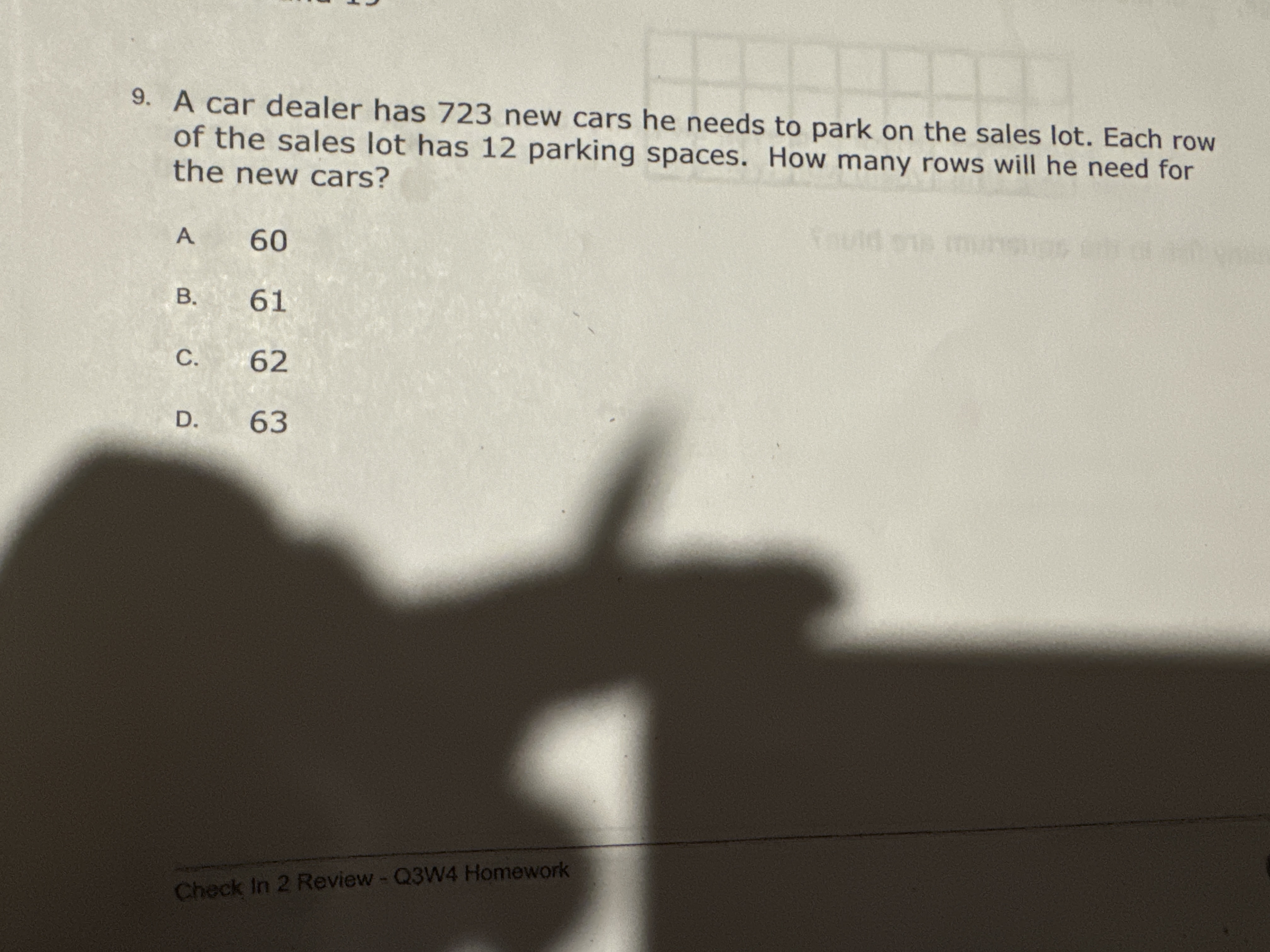 8. A car dealer has 723 new cars he needs to park