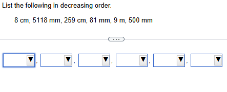 i List the following in decreasing order. 8 com,