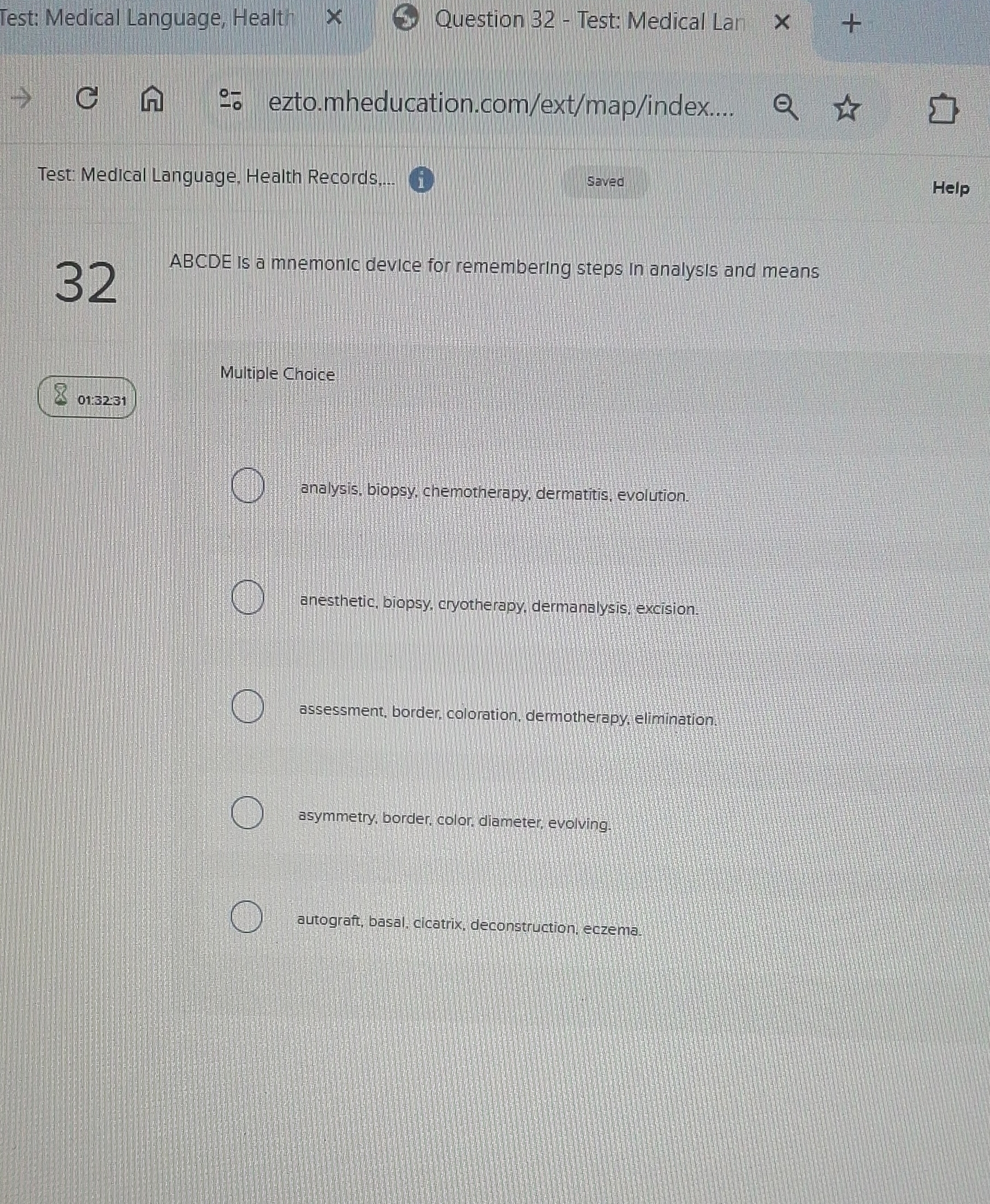 A Test: Medical Language, Health X . Question 32