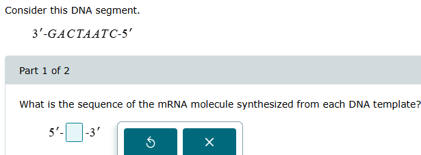 Consider this DNA segment. 3'-GACTAATC-5' Part 1