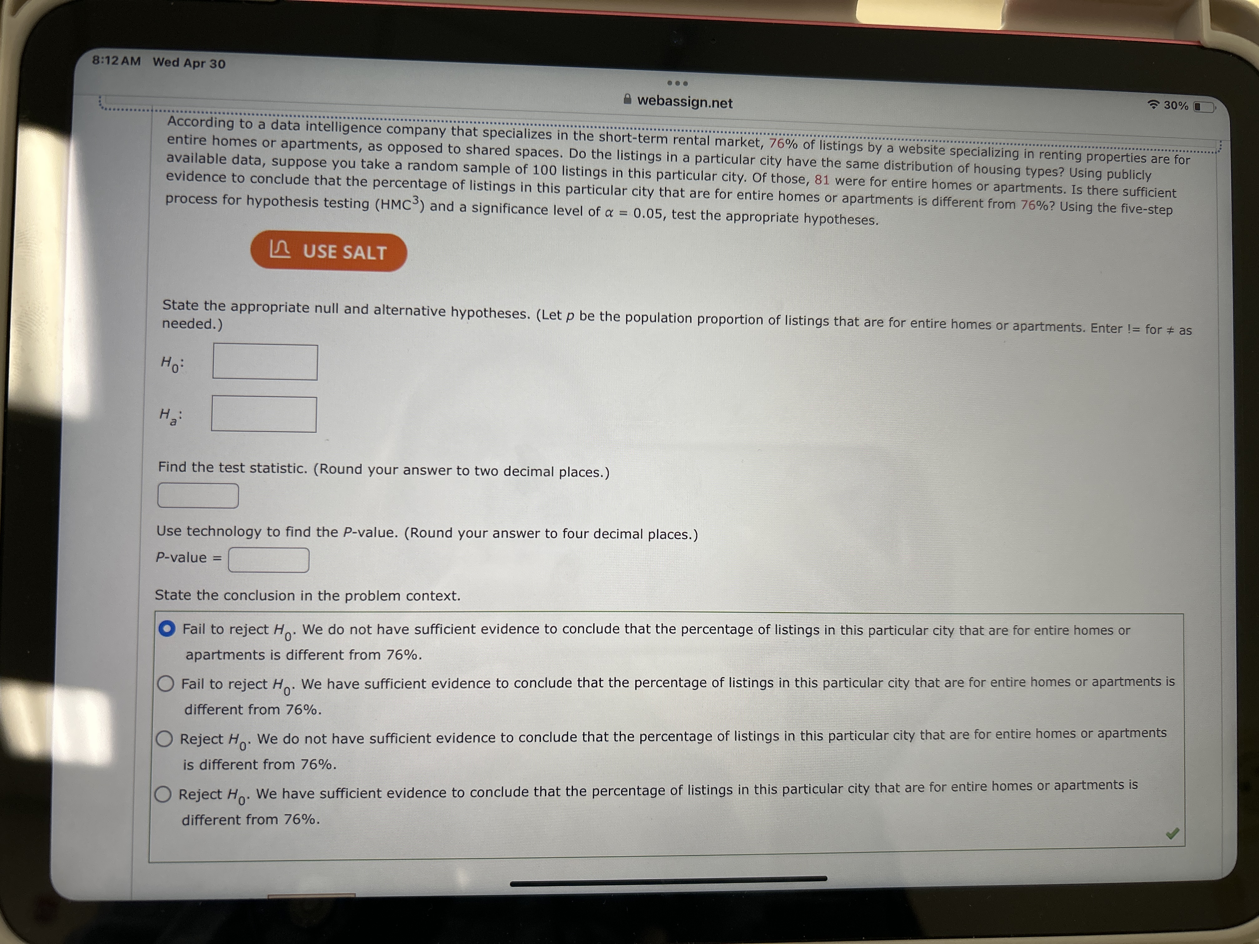 Solve 8:12 AM Wed Apr 30 . .. webassign.net 30%