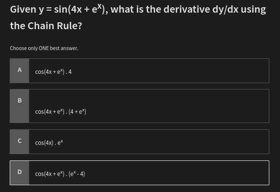 how to solve Given y = sin(4x + ex), what is the