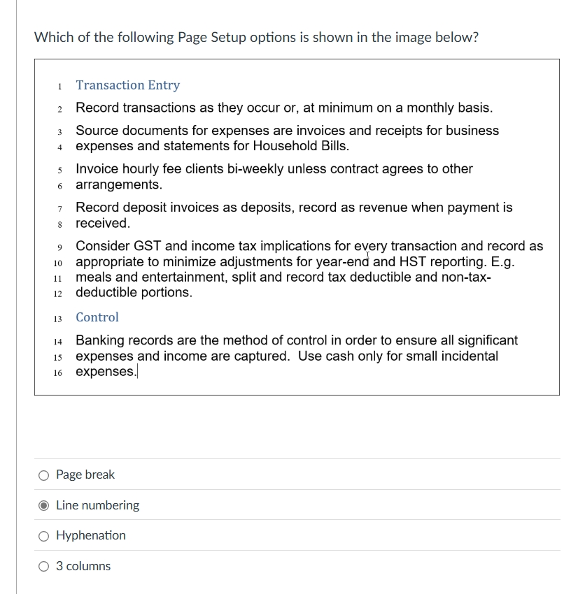 a Which of the following Page Setup options is