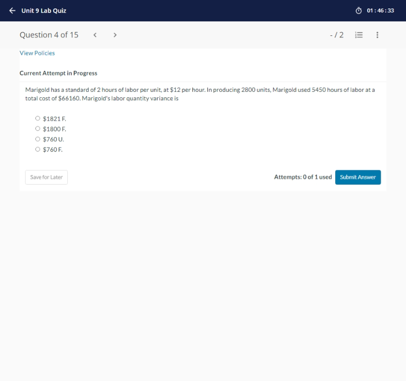 SOLVE - Unit 9 Lab Quiz 0 01 : 46:33 Question 4