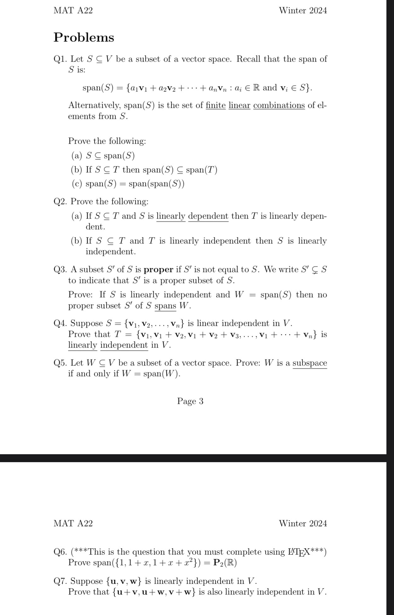 MAT A22 Winter 2024 Problems Q1. Let S V be a