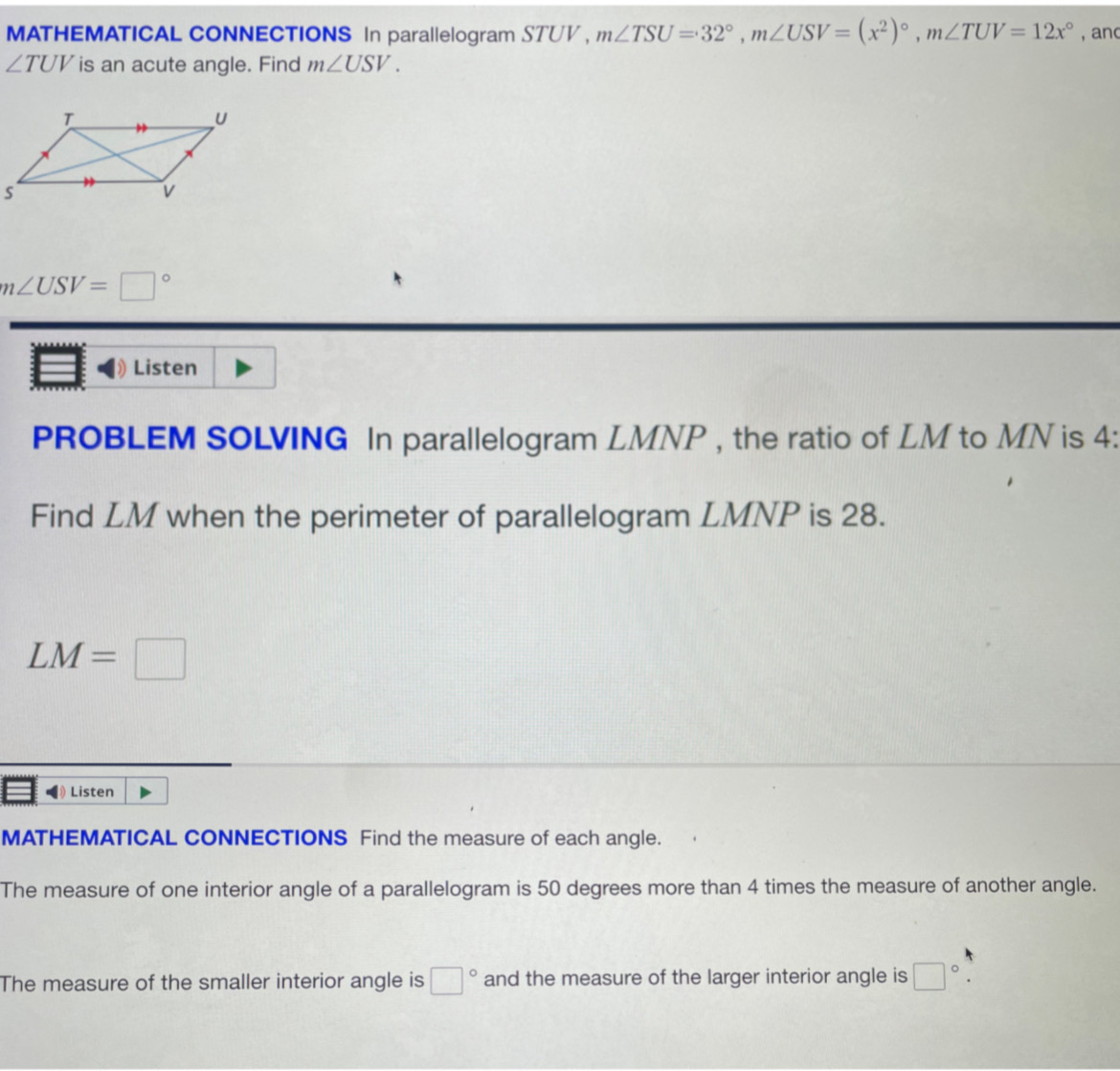 MATHEMATICAL CONNECTIONS In parallelogram STUV ,