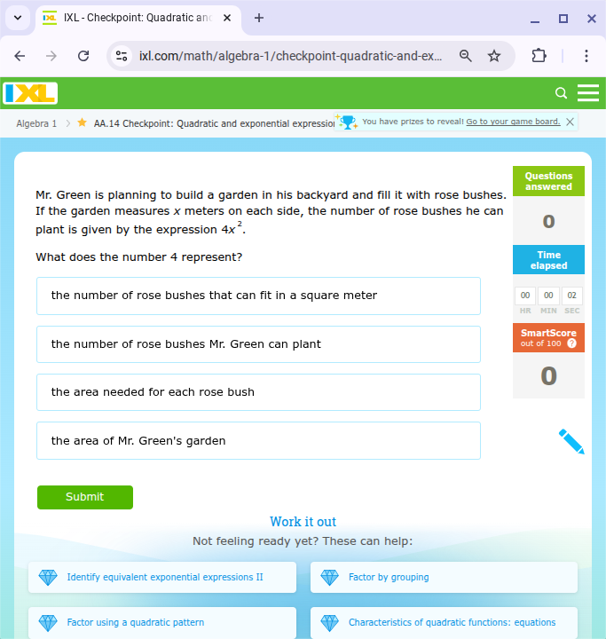 9yn a IXL - Checkpoint: Quadratic anc x + X C ga